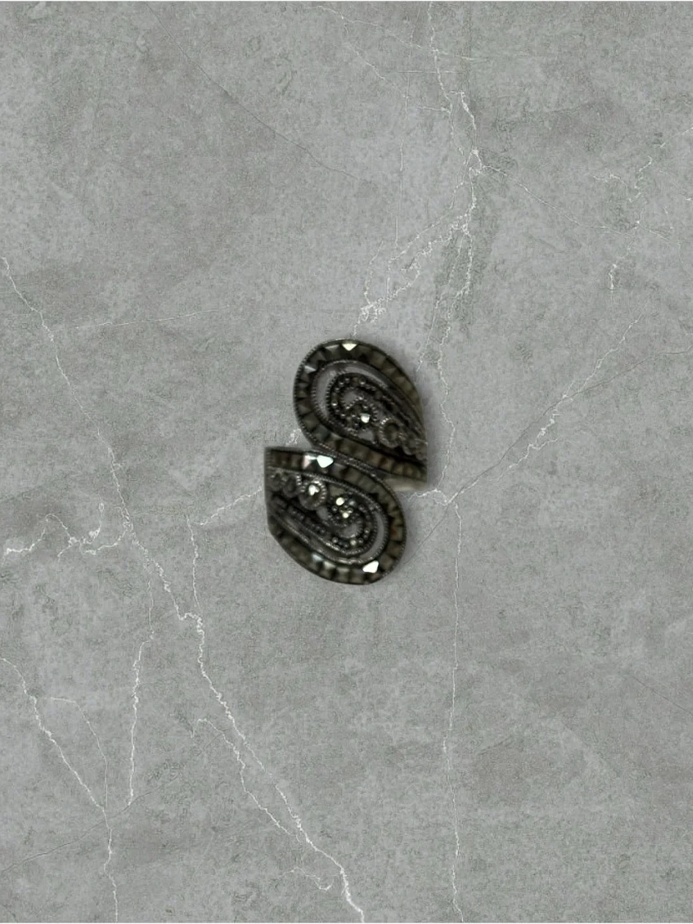 Platinum over 925 Silver Marcasite Swirl Bypass Ring - Size 7.75